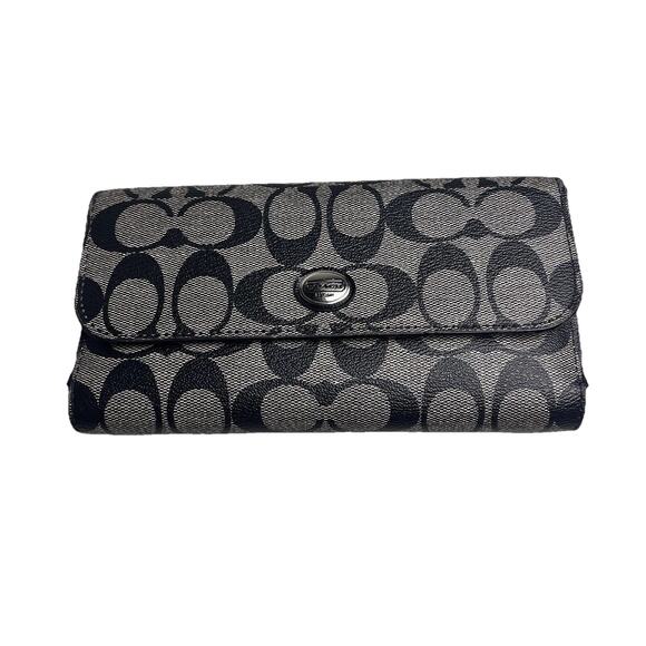 Coach Signature Large Trifold Leather Black Gray Checkbook Wallet Insert Button - Picture 1 of 16